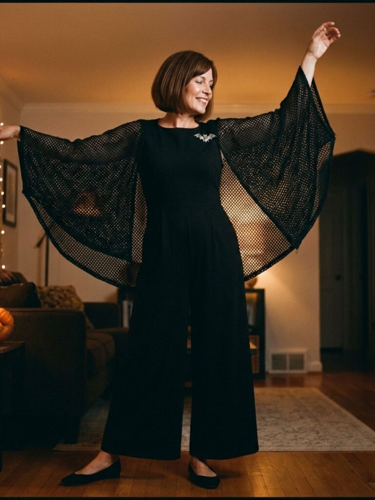 Woman in a black jumpsuit and open-weave cape with arms lifted so the sleeves fan out in a dim living room.