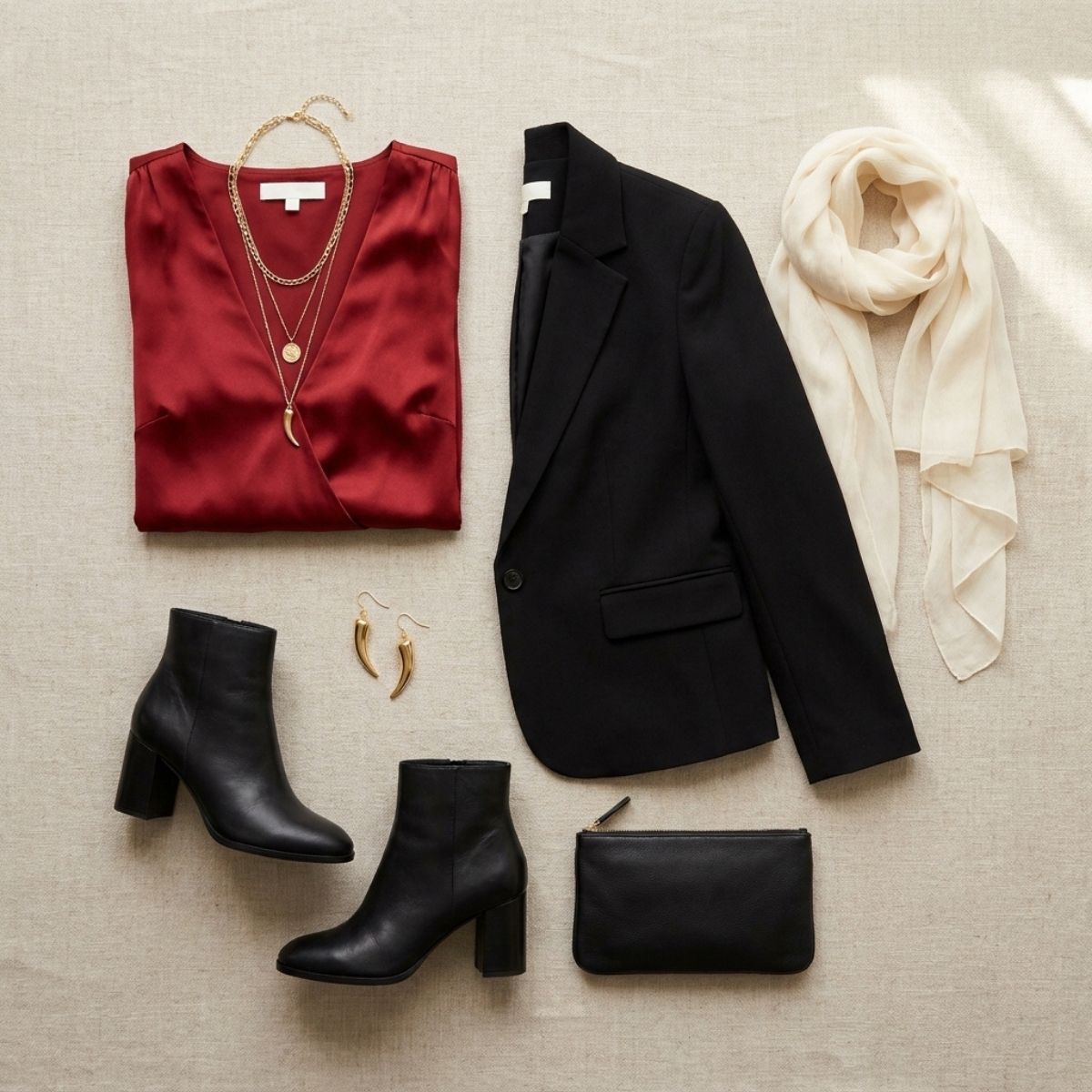 Flat lay of a red satin dress, black blazer, gold necklaces, ivory scarf, horn earrings, ankle boots, and a clutch on linen.