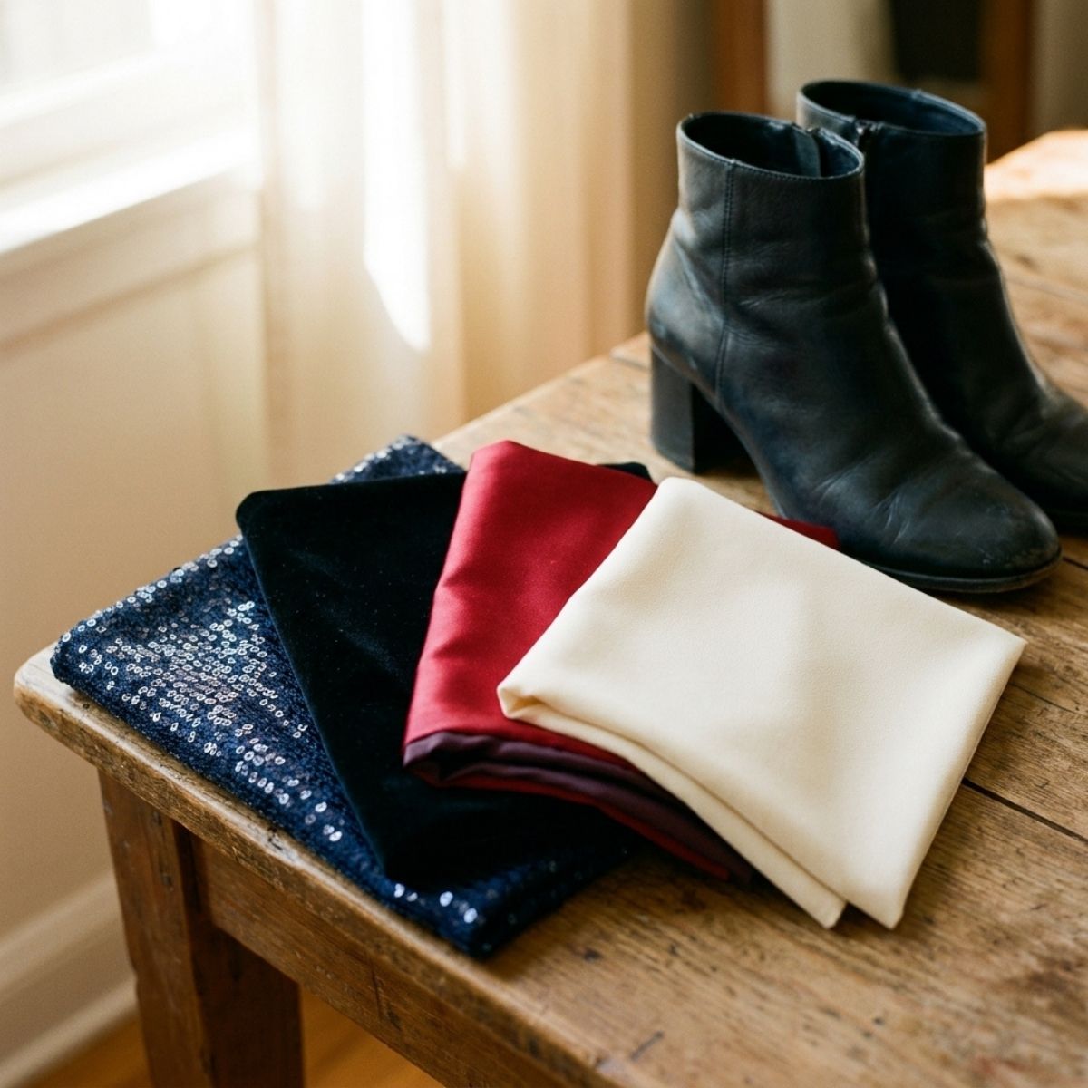 Swatches of navy sequin knit, black velvet, red satin, and cream crepe beside black block-heel ankle boots.