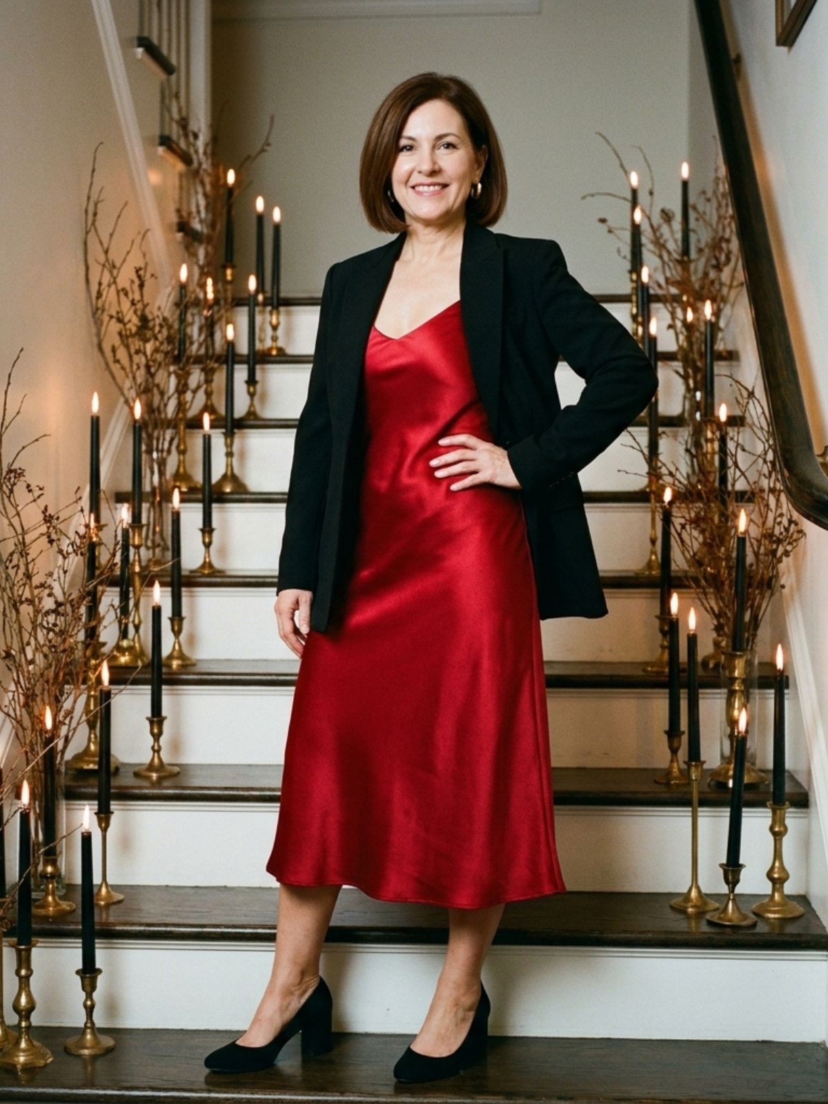 Woman in a red satin midi dress and black blazer with gold horn earrings beside a staircase lit by black candles