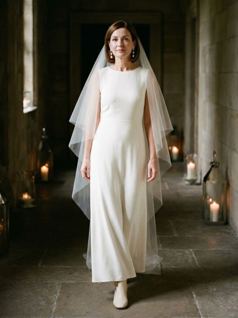 Woman in an ivory maxi dress with a sheer veil and pearl earrings walking down a lantern-lit hallway.