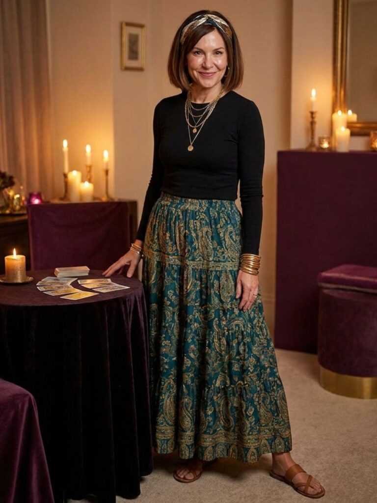 Woman in a paisley maxi skirt, black top, and layered gold necklaces at a velvet-draped table with tarot cards.