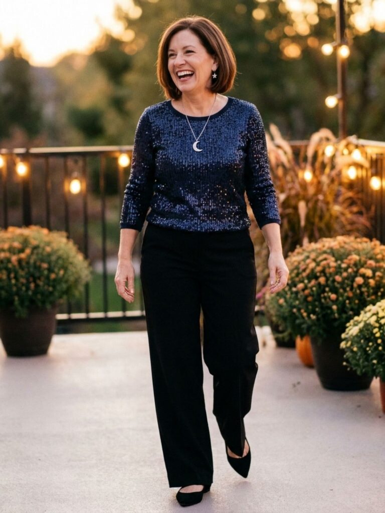 Woman in a navy sequin top, black wide-leg trousers, and a moon necklace laughing on a patio with string lights.