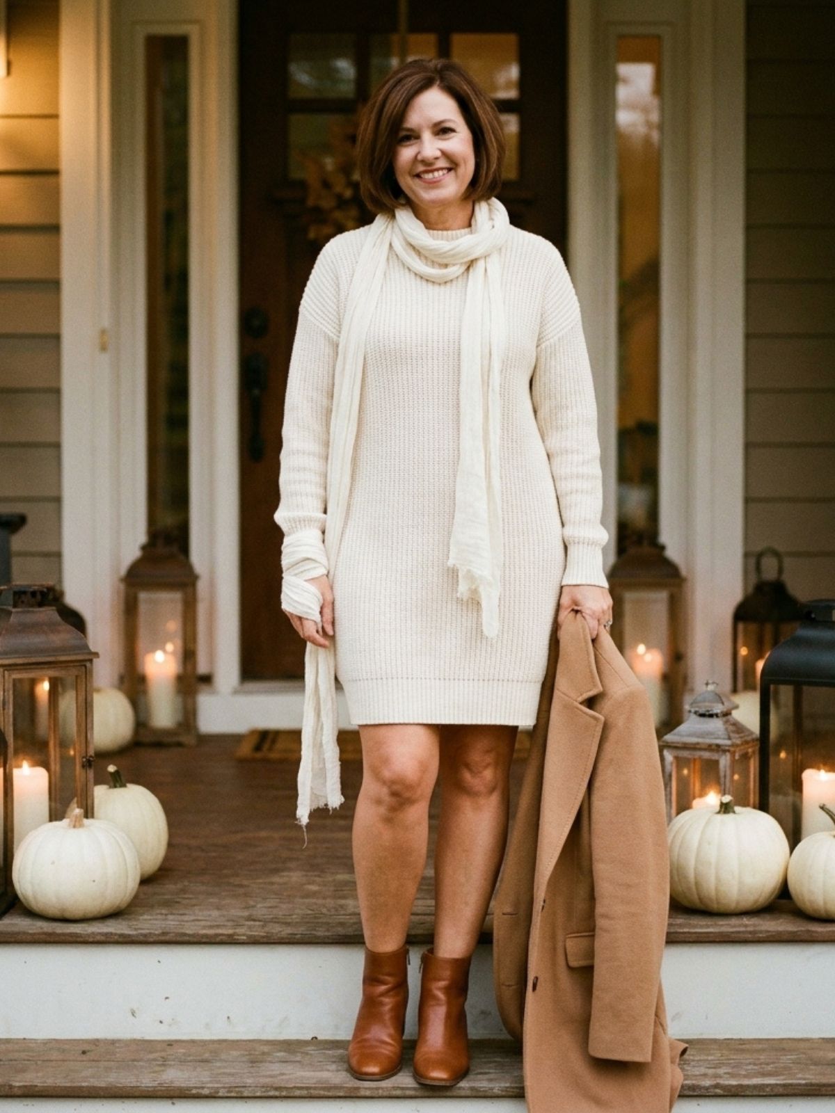 Woman in a cream sweater dress with loose gauze strips at the neck and wrist on a porch with lanterns.