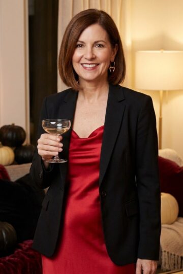 Woman in a red satin dress and black blazer holding a coupe glass in a candlelit living room with black and cream pumpkins