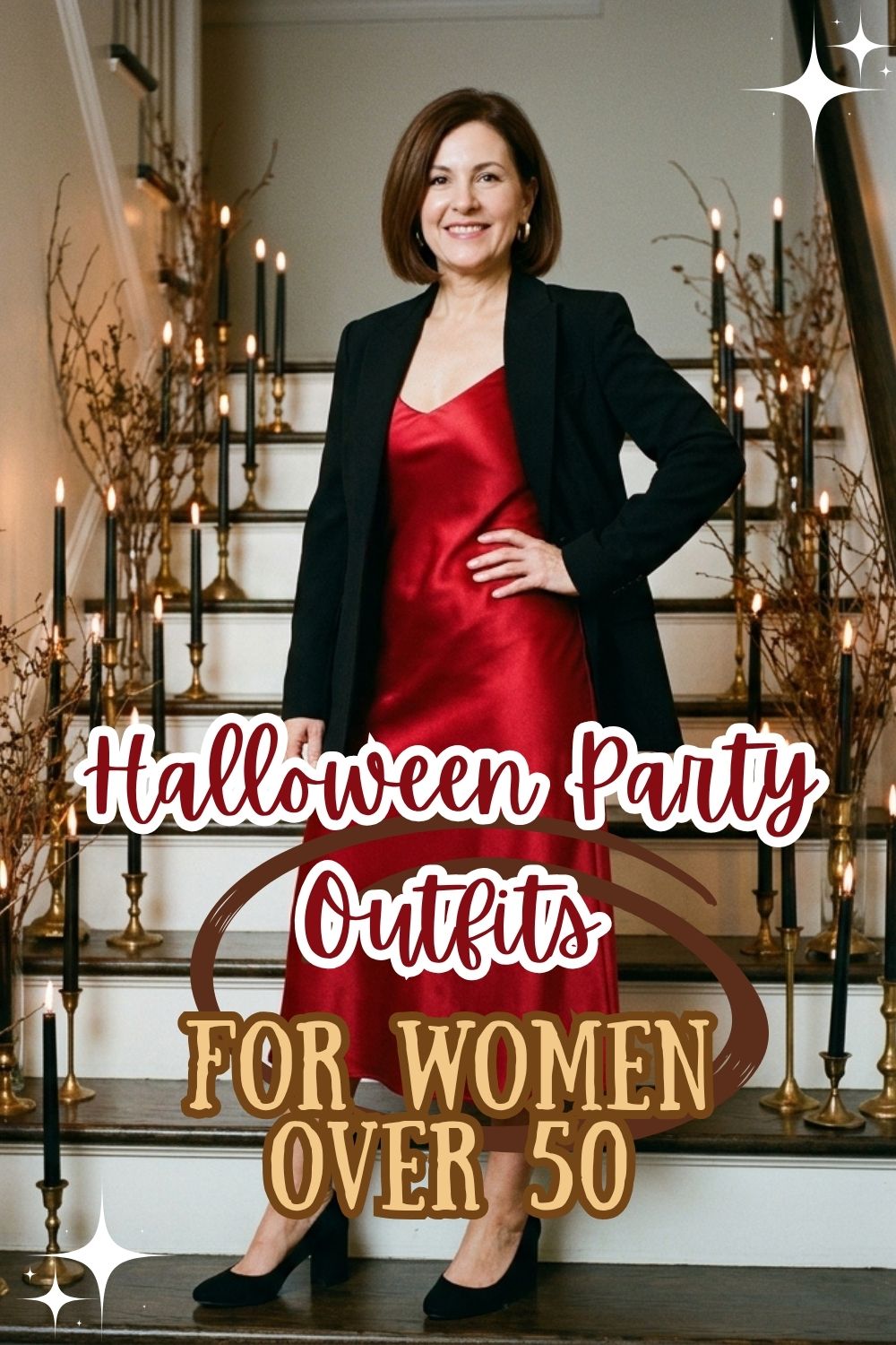 Pin showing a woman in a red satin dress and black blazer with the text Halloween Party Outfits for Women Over 50.