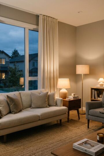 A modern living room lit by three warm lamps at different heights, with a cream sofa, wool throw, and textured rug.
