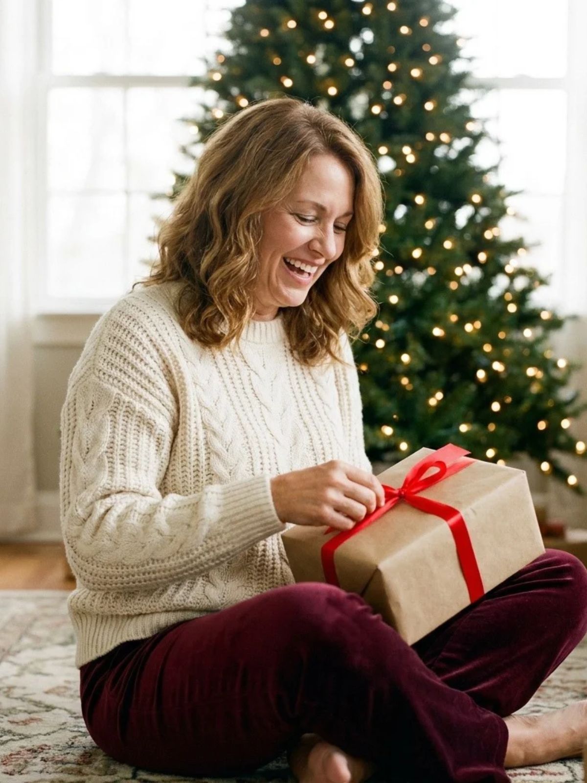 Woman in a cream cable-knit sweater and burgundy velvet pants sitting on a living room rug, opening a wrapped gift beside a Christmas tree