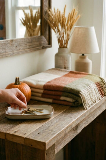 A tidy fall entryway table with a small pumpkin and a set of keys in a tray.