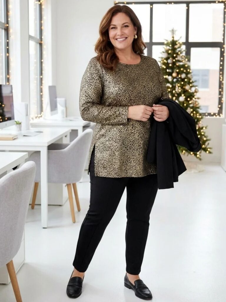 A woman in a gold jacquard tunic with side slits over black ponte slim pants and black loafers at an office holiday party.