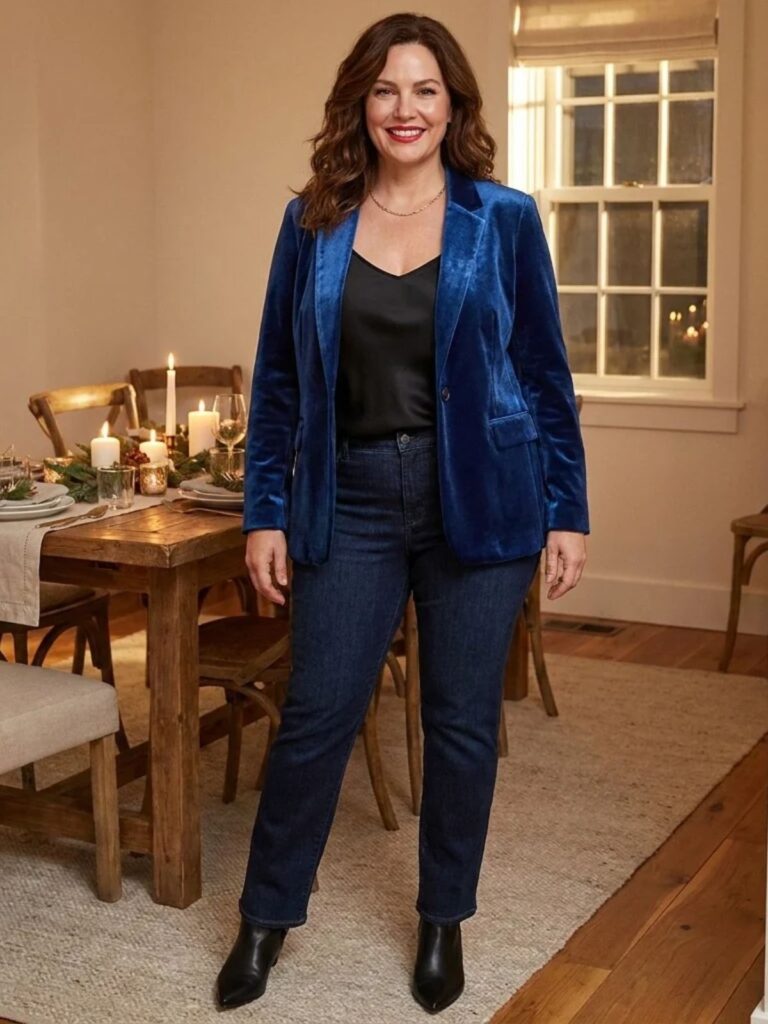 A woman in a sapphire velvet blazer over a black camisole with dark straight-leg jeans and pointed ankle boots at a friend's dinner party.