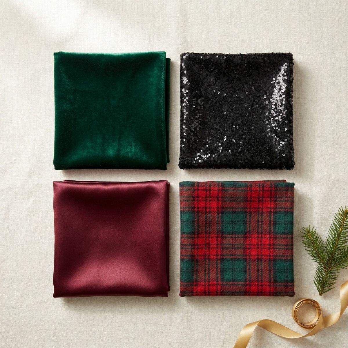 Fabric swatches of emerald velvet, black sequins, burgundy satin and red and green tartan laid side by side on a cream linen surface