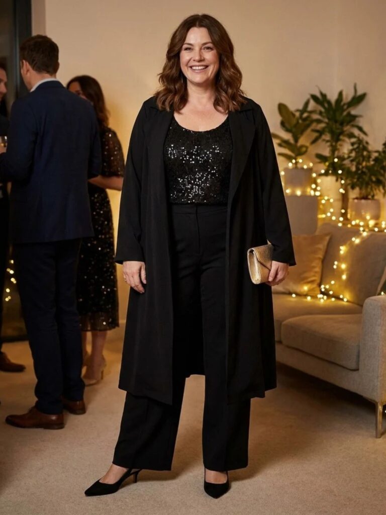 A woman in a black sequin shell top, black wide-leg trousers and an open black duster at a cocktail party with soft gold lights.
