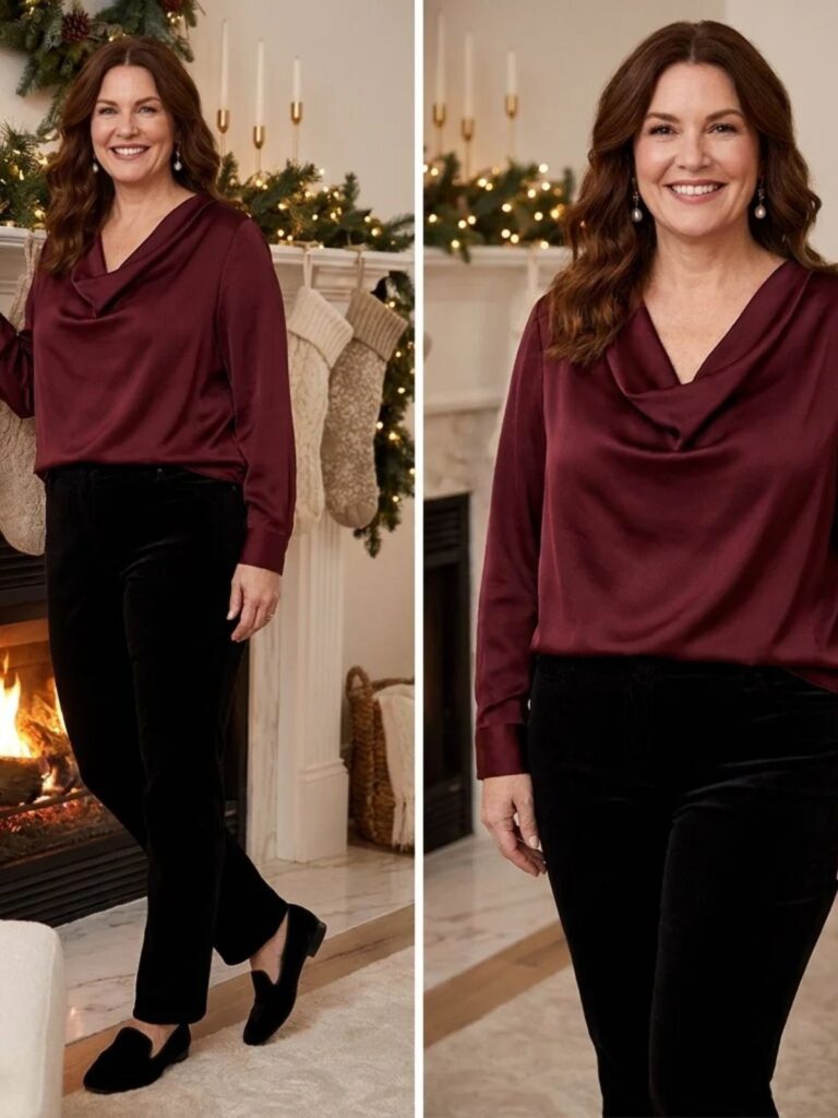 A woman in a burgundy satin cowl-neck blouse half tucked into black velvet straight-leg pants, standing by a fireplace with stockings.