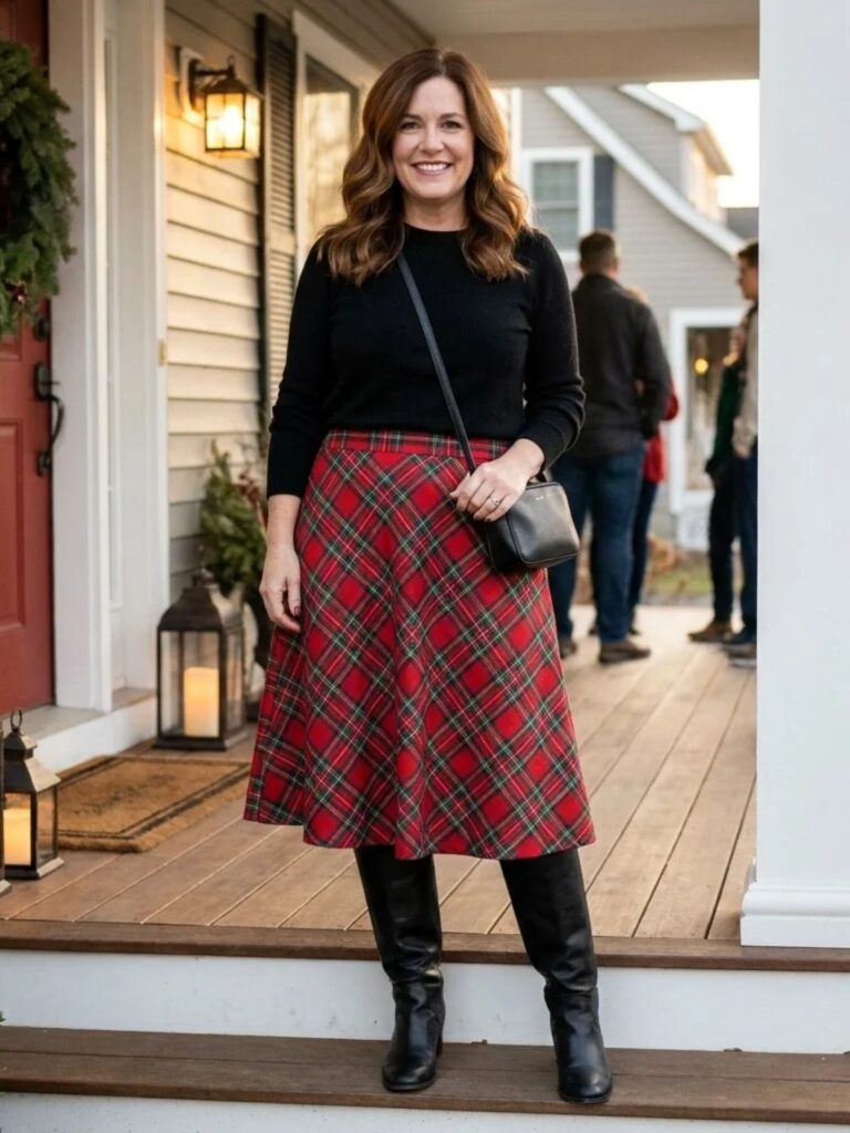 A woman in a red and green tartan A-line midi skirt, a black fine-knit sweater and black knee boots on a front porch with a wreath.