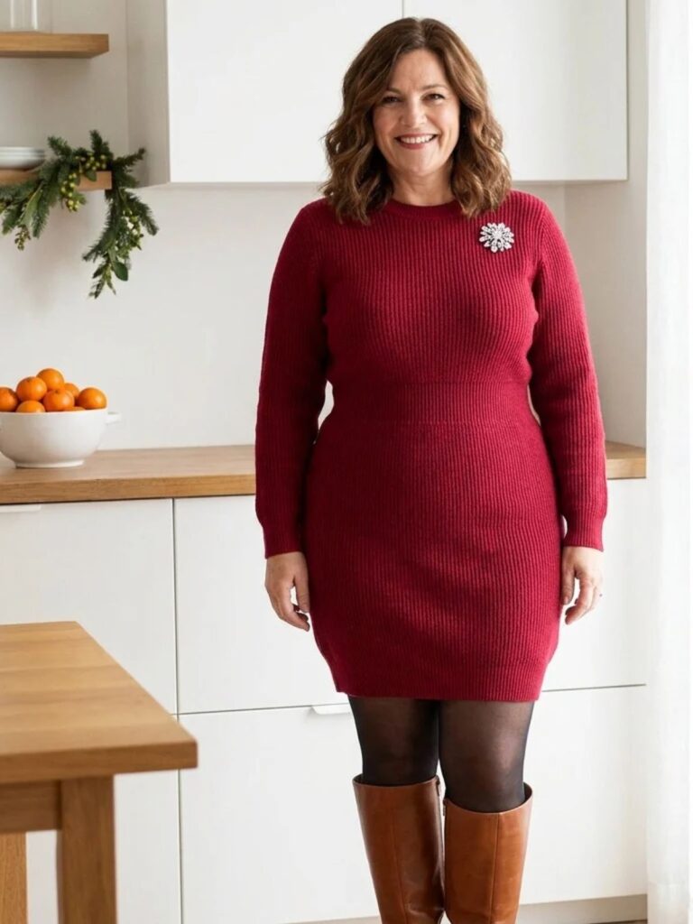 A woman in a cranberry ribbed sweater dress with black tights, cognac knee boots and a sparkly brooch at the shoulder in a bright kitchen.