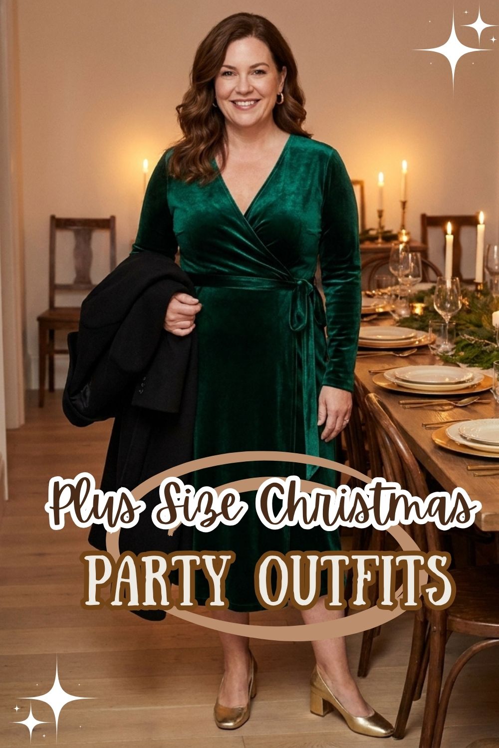 Pin showing a woman in an emerald velvet wrap dress with the text Plus Size Christmas Party Outfits.