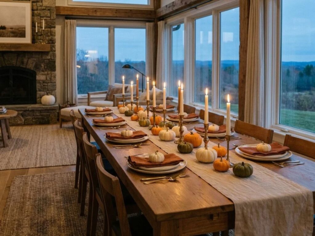 A long wooden Thanksgiving table set with cream plates, a linen runner, mini pumpkins, and brass taper candles in warm evening light.