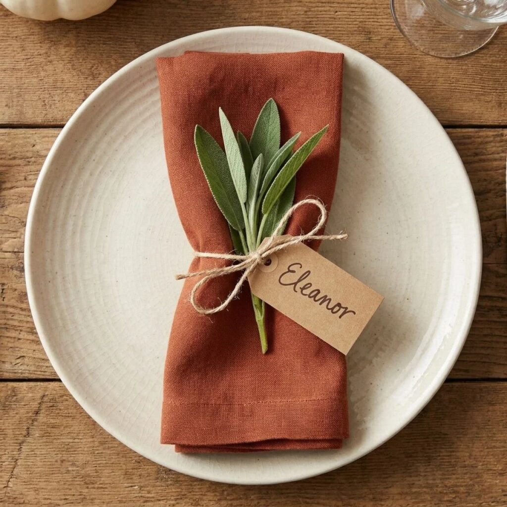 A Thanksgiving place setting with a cream plate, rust linen napkin tied with twine and fresh sage, and a handwritten place card.