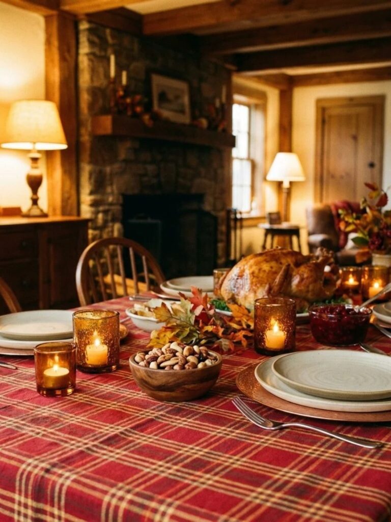 A traditional Thanksgiving table with a red and gold plaid tablecloth, copper chargers, cream plates, and amber glass candle holders.
