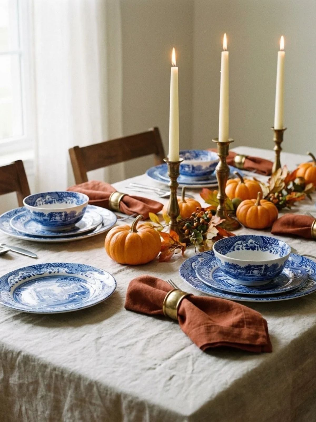 A blue Thanksgiving table with blue and white china, rust linen napkins, small pumpkins, and taper candles on a white tablecloth.