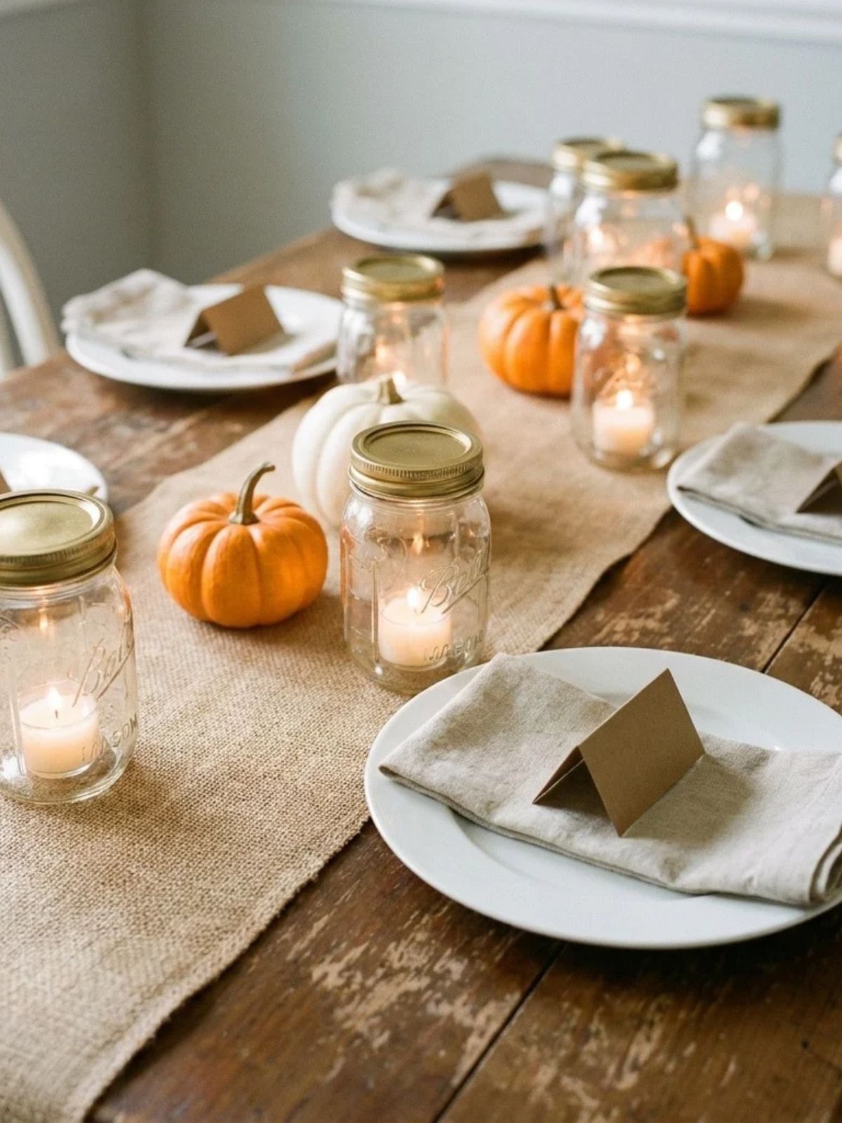 A cheap Thanksgiving table setting with a burlap runner, mason jar candles, small pumpkins, and kraft paper place cards.