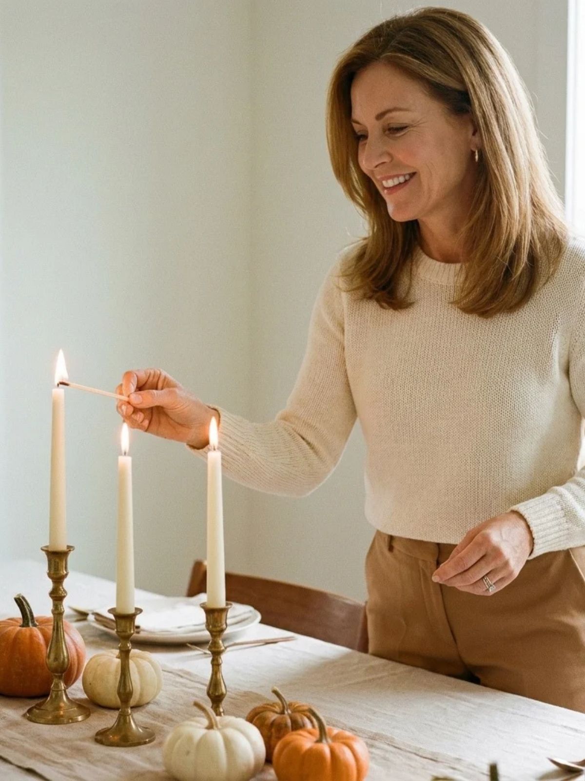 A woman lighting taper candles on a simply decorated Thanksgiving table with a linen runner and small pumpkins.