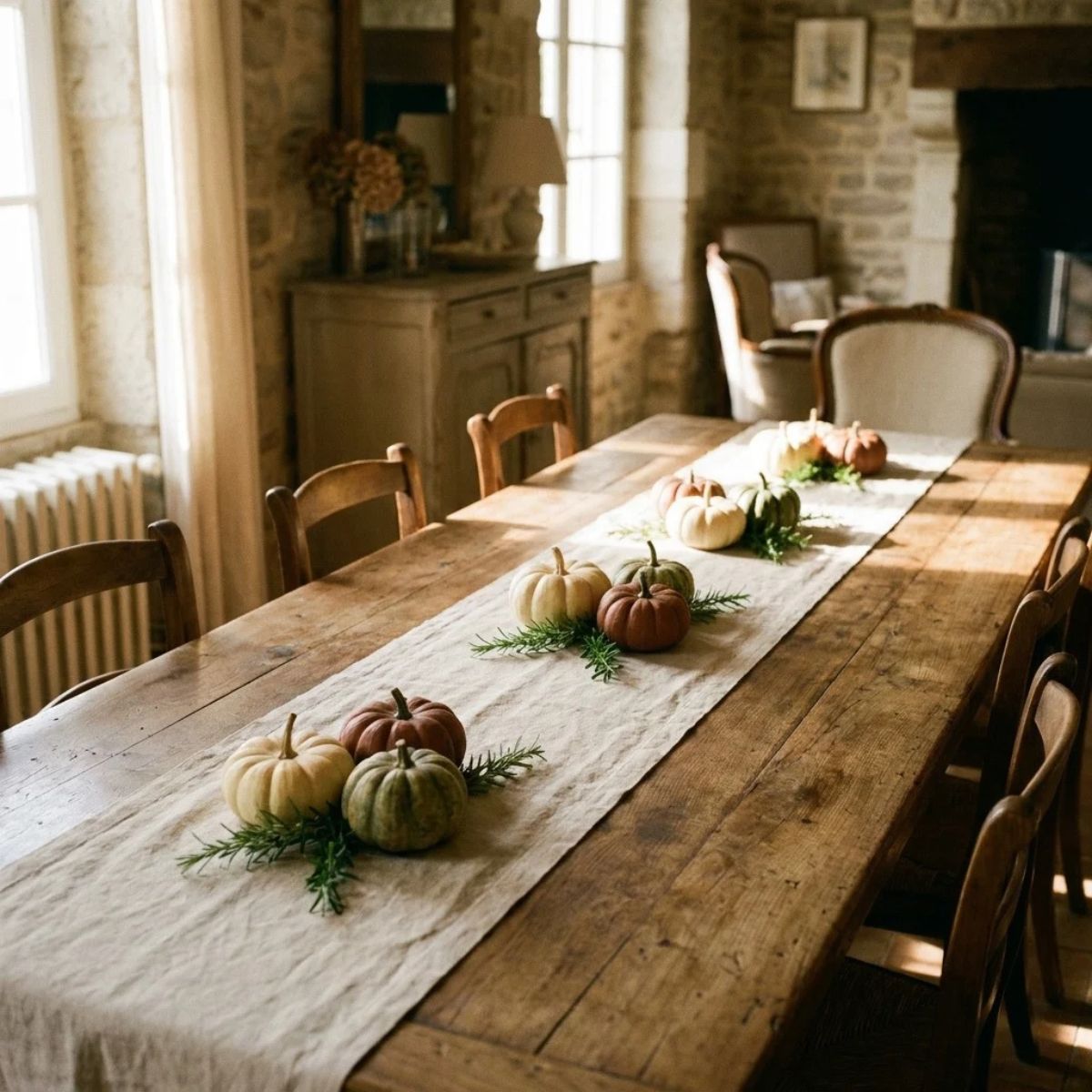 Flat lay of Thanksgiving table decor pieces including a linen runner, brass taper holders, mini pumpkins, dried wheat, rust napkins, and pears on a wooden table.