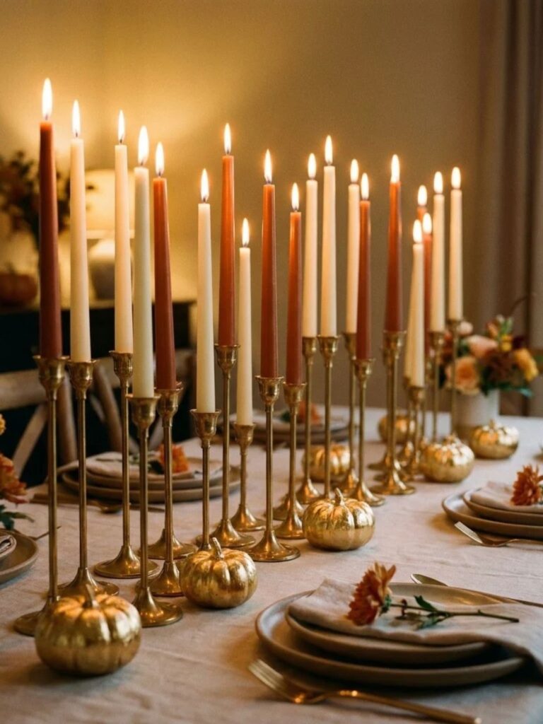 A row of brass candlesticks holding cream and rust taper candles down the center of a Thanksgiving dinner table at dusk.