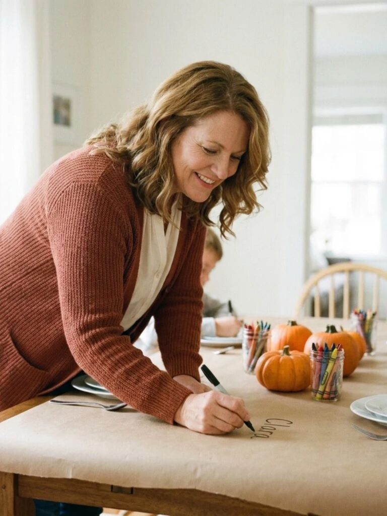 A woman writing guest names on a butcher paper Thanksgiving table covered in kraft paper with small pumpkins and jars of crayons.