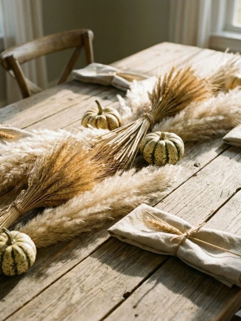 A low centerpiece of dried wheat bundles, pampas grass, and small gourds on a rustic wooden Thanksgiving table.