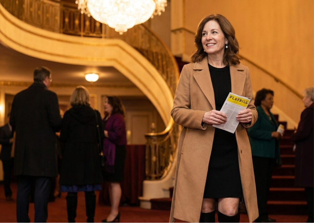 Woman in a camel coat over a black knit dress and tall boots holding a program in a warmly lit theater lobby.