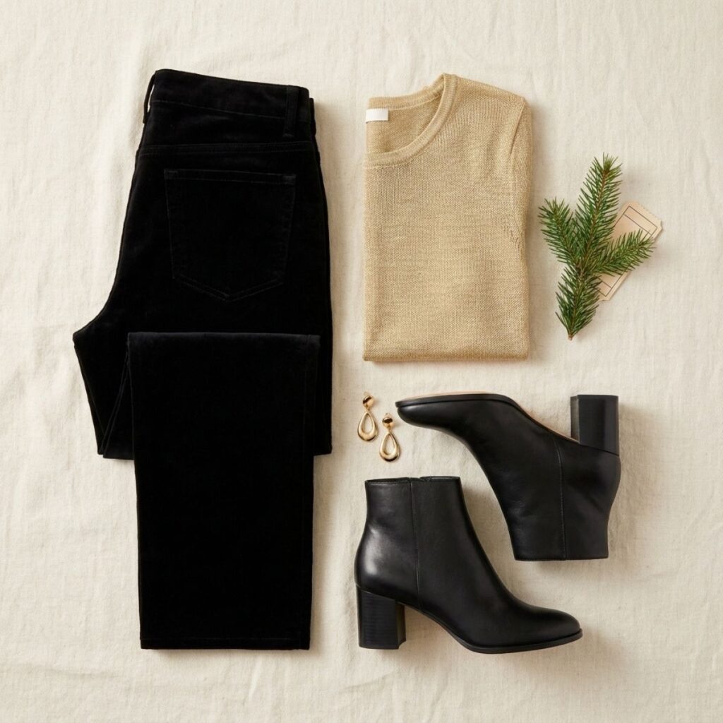 Flat lay of black velvet pants, a gold metallic knit top, black ankle boots, and gold earrings on cream linen.