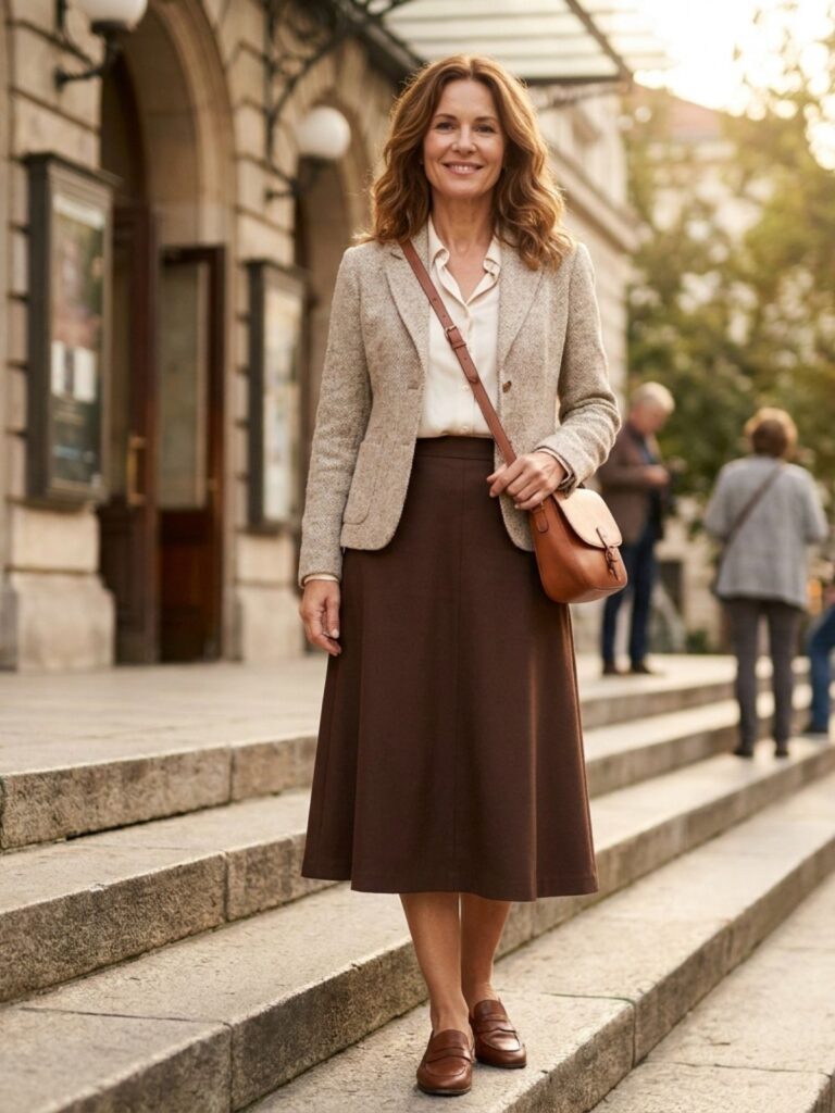 Woman in an oatmeal tweed jacket, chocolate-brown skirt, and cream blouse on sunlit theater steps.