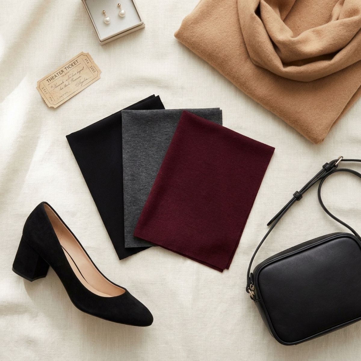 Flat lay of fabric swatches, a block-heel pump, a small crossbody bag, a folded wrap, and pearl earrings on a cream surface.