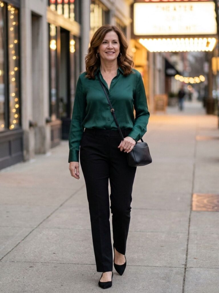 Woman in an emerald satin blouse and black trousers walking along a city sidewalk toward a lit theater at dusk.