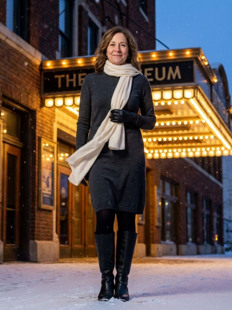 Woman in a charcoal knit midi dress, tall boots, and a cream scarf outside a historic theater in light snow.