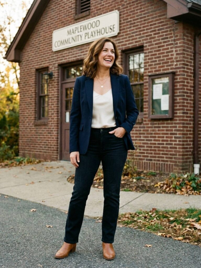 Woman in a navy blazer, ivory camisole, and dark jeans standing outside a brick playhouse in the afternoon.