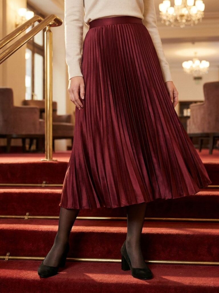 Close-up of a burgundy pleated midi skirt, cream knit sweater, sheer tights, and low black heels on a theater stair.