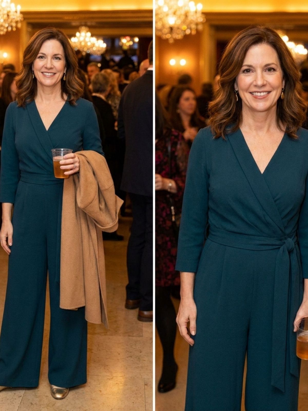 Woman in a deep teal wide-leg jumpsuit with a camel wrap in a theater lobby at intermission.