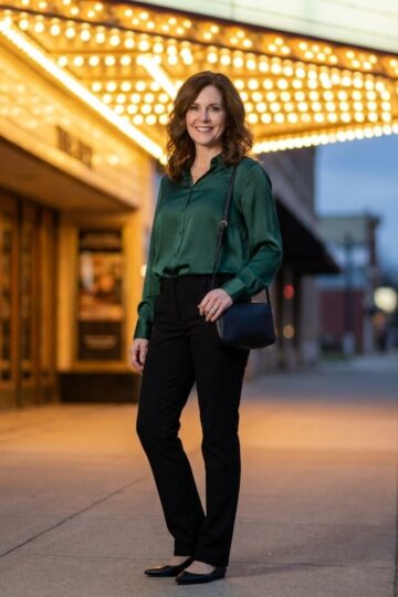 Woman in an emerald satin blouse and black trousers standing under glowing theater marquee lights at dusk.