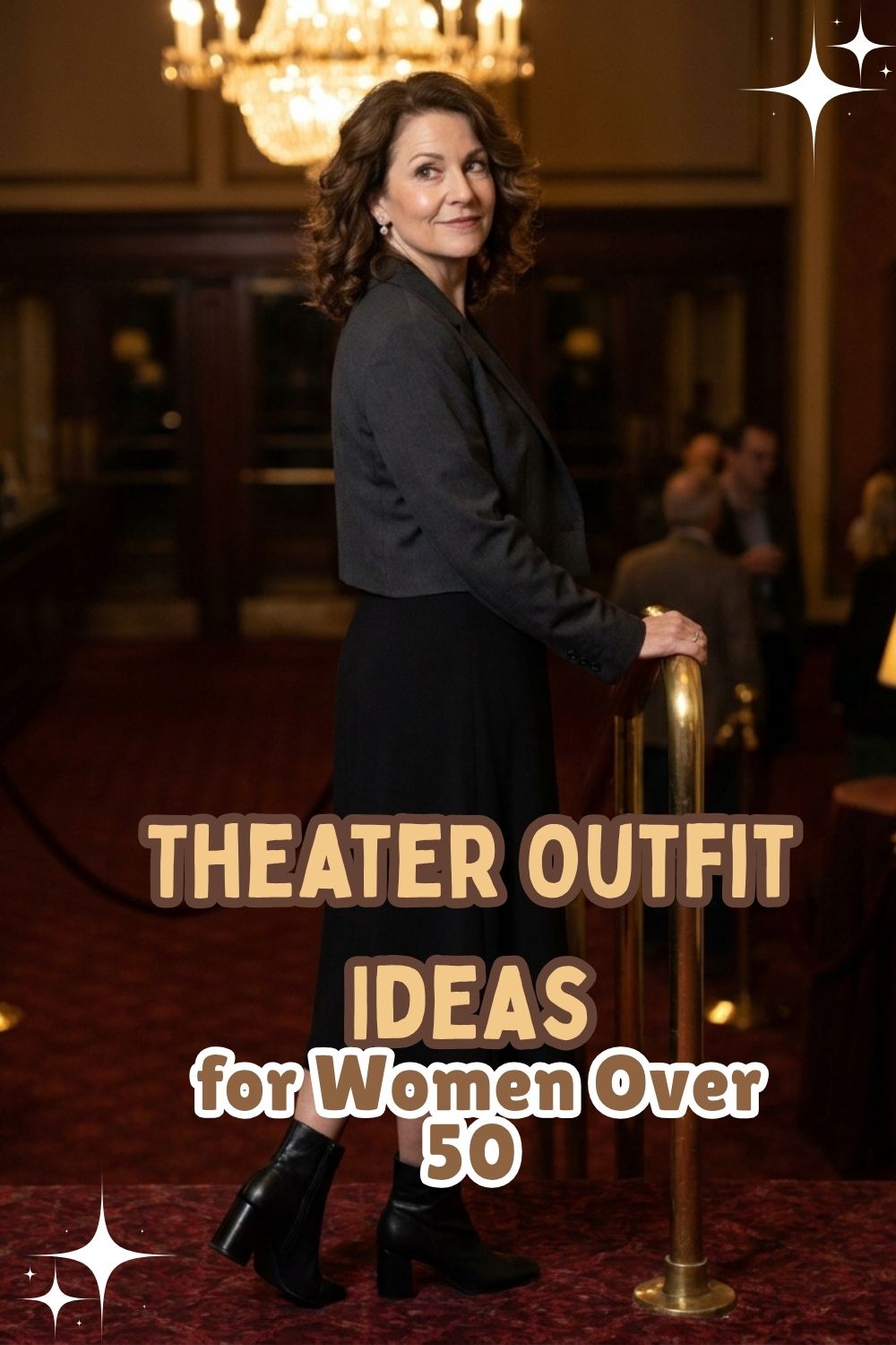 lay: Theater Outfit Ideas for Women Over 50
Alt text: Pinterest pin reading Theater Outfit Ideas for Women Over 50 over a woman in a black wrap dress on a theater staircase.