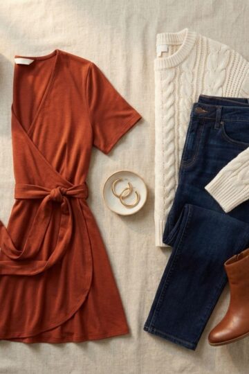 Flat lay of a rust wrap dress, cream sweater, dark jeans, brown ankle boots, and gold hoop earrings arranged on a linen cloth with a small pumpkin.