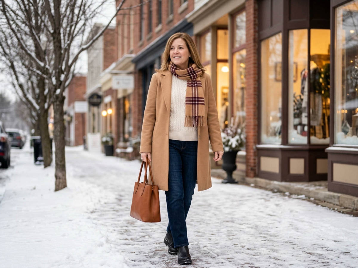 Woman in a camel wool coat, cream cable sweater and dark jeans walking along a snowy small-town sidewalk with a plaid scarf and a cognac tote.