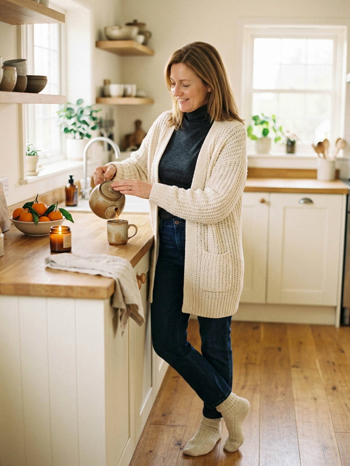 Woman pouring tea in a bright kitchen wearing a long cream cardigan over a charcoal turtleneck and dark jeans.