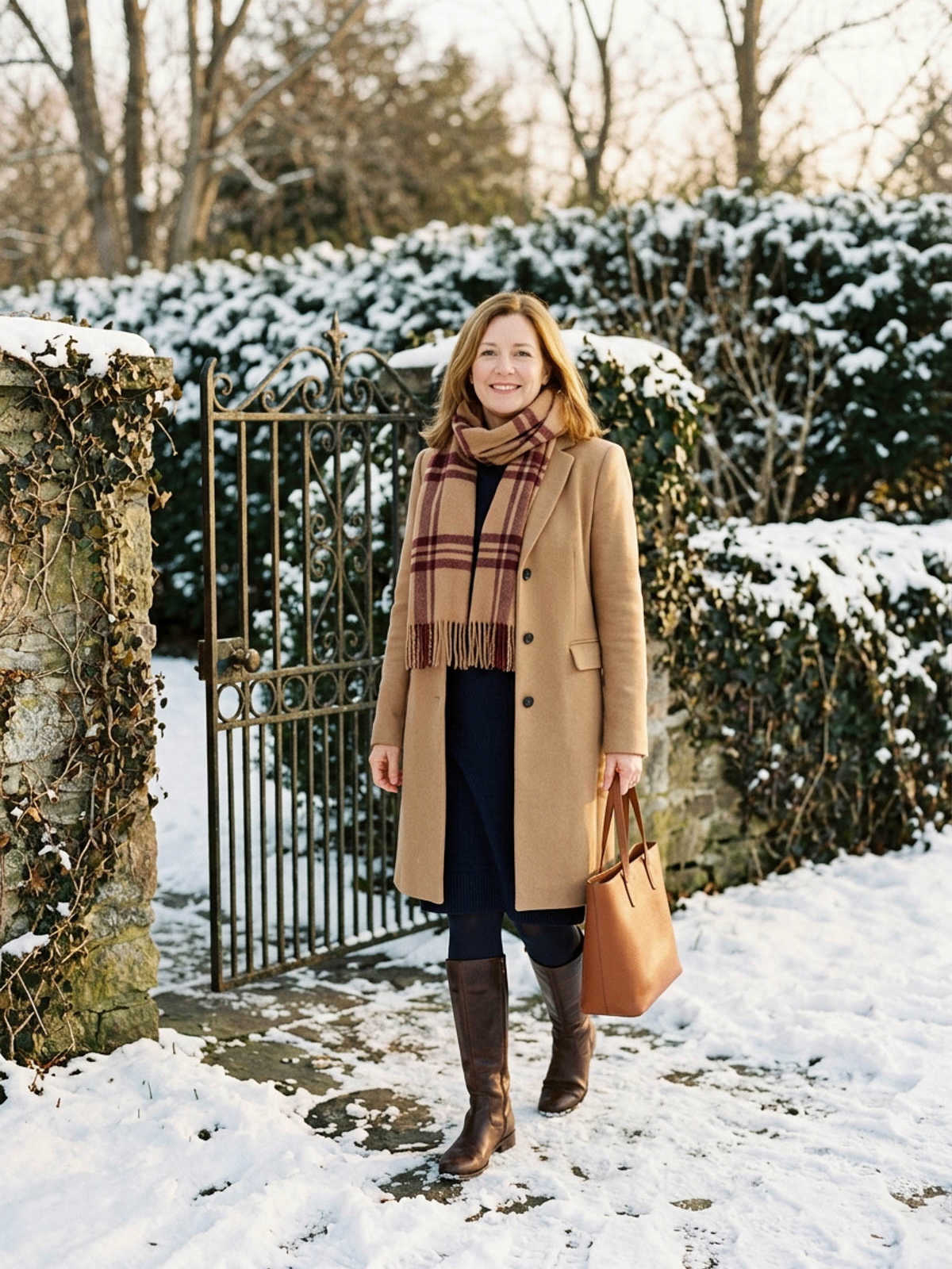 Woman walking past a snowy garden gate in a buttoned camel coat over a navy knit dress with navy tights, knee-high boots and a plaid scarf.