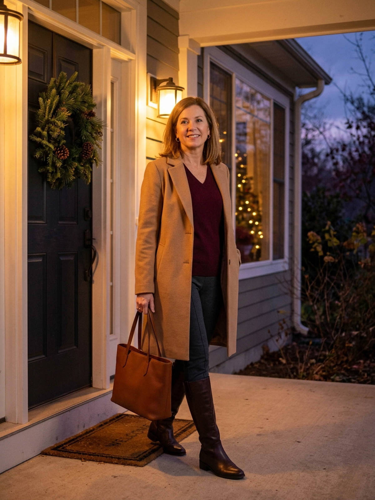 Woman arriving at a wreath-decorated front door at dusk in a burgundy sweater, charcoal ponte pants and an open camel coat.