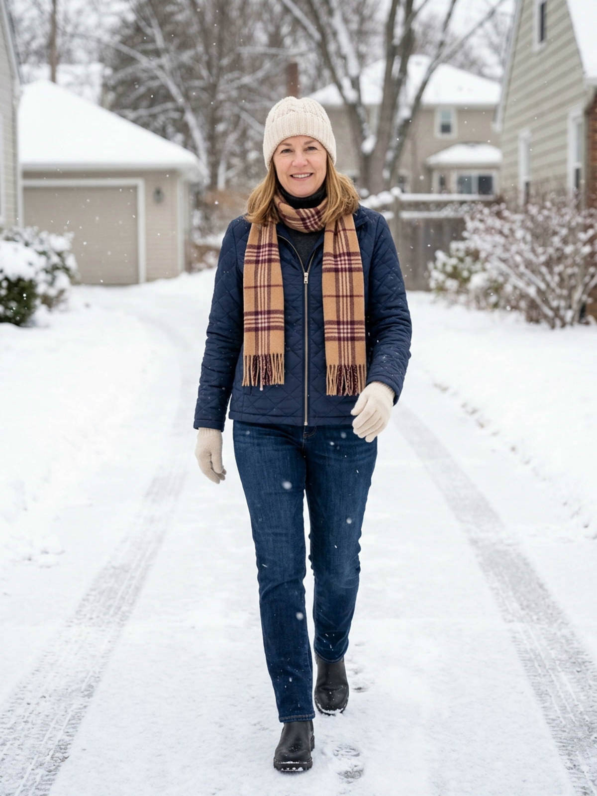Woman walking down a snowy driveway in a zipped navy quilted jacket, charcoal turtleneck, dark jeans and lug-sole ankle boots.