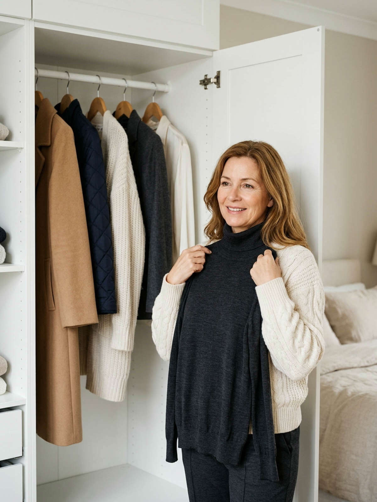 Woman holding a charcoal turtleneck in front of an open closet with a short rail of neutral coats, a cardigan, a blazer and a silk blouse.