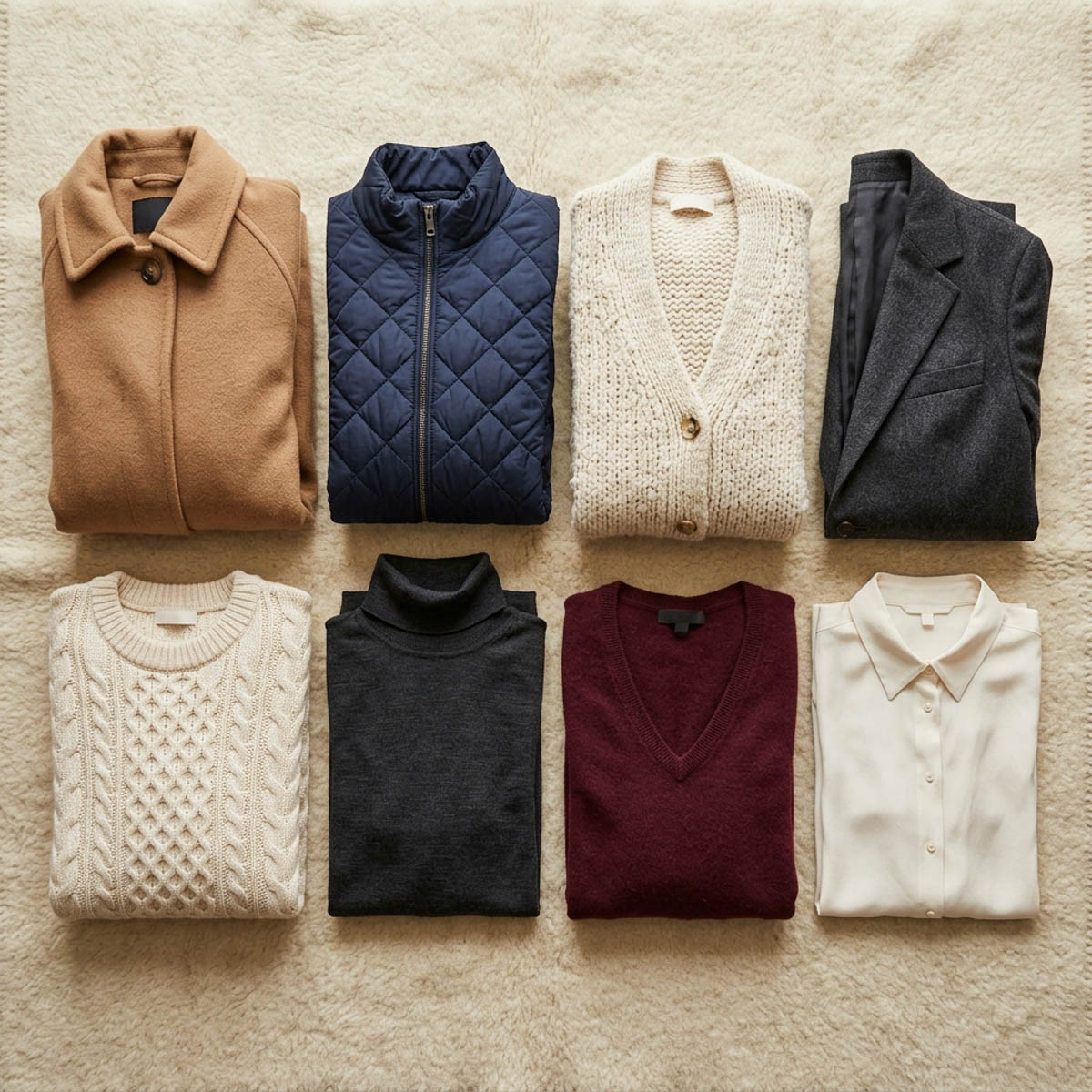 Flat lay of a camel coat, navy quilted jacket, cream cardigan and charcoal blazer above four folded tops in cream, charcoal, burgundy and ivory.